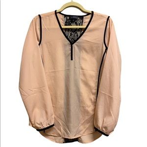 Blush Pink WHBM Long Sleeve Blouse with Black Lace Back